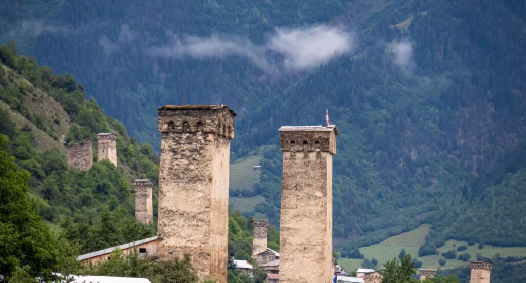 View of Mestia with Svan towers View of Mestia with Svan towers